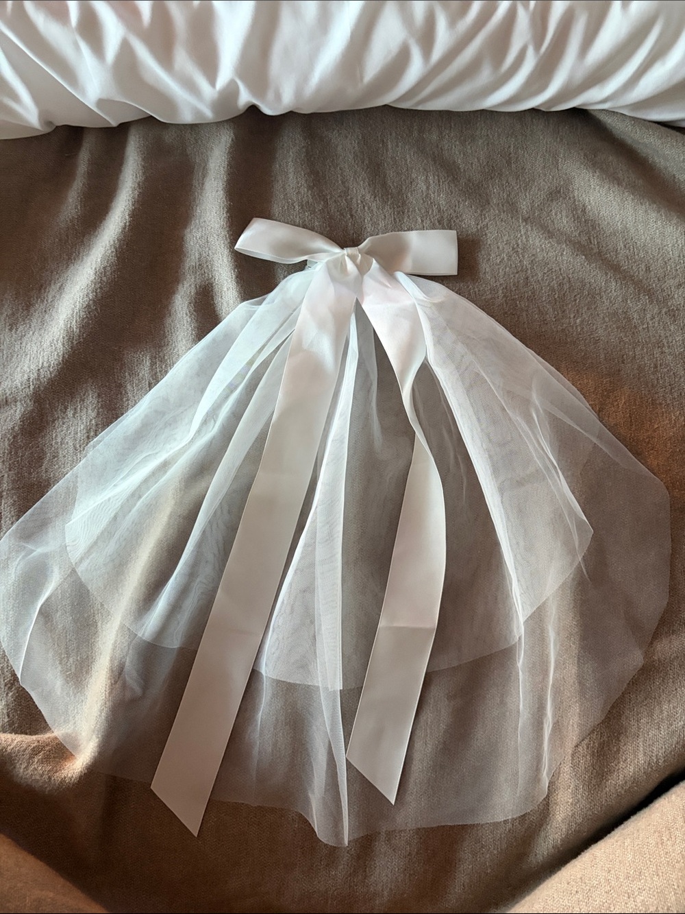 White Sheer Tulle Veil with Satin Ribbon Bow